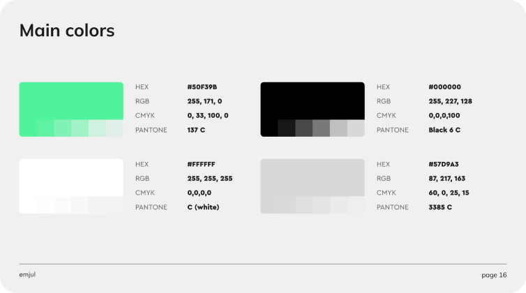 Farbfelder mit HEX-, RGB-, CMYK- und Pantone-Werten für Grün, Schwarz, Weiß und Grau.