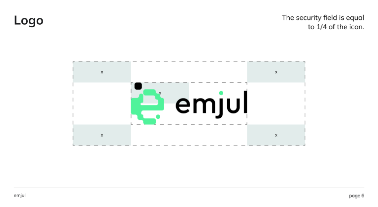 Logo mit einem stilisierten grünen Symbol neben dem Schriftzug emjul, umgeben von Sicherheitsabständen.