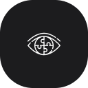 Weißes Icon eines Auges mit einem Puzzle-Stück in der Mitte auf schwarzem abgerundetem Quadrat