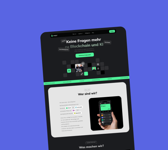 Screenshot einer Webseite mit Schwerpunkt auf Blockchain und KI, inklusive Hand, die ein Smartphone mit einer Finanz-App hält