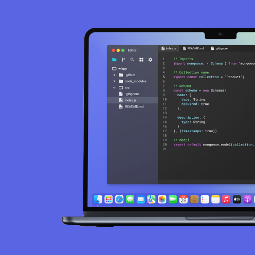 Laptop mit geöffnetem Code-Editor und JavaScript-Dateien auf blauem Hintergrund