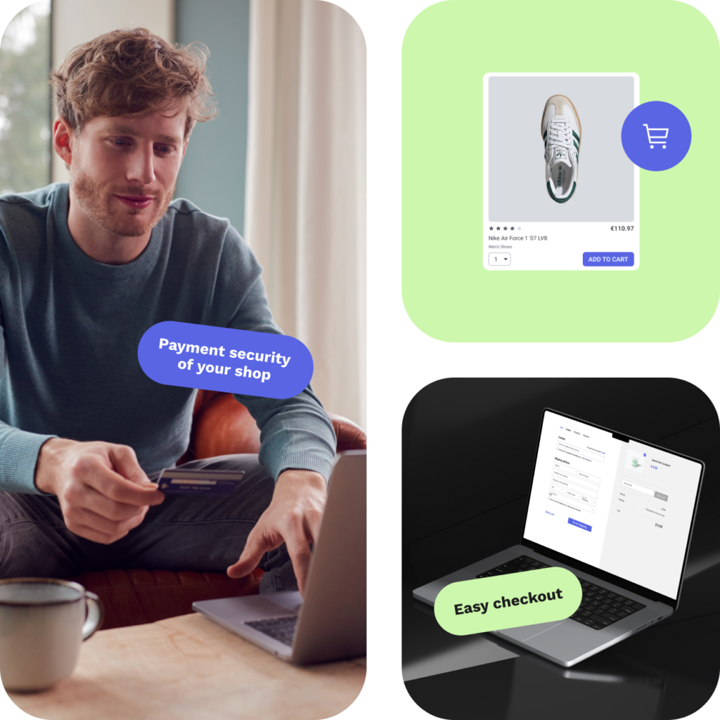 Mann hält Kreditkarte vor Laptop, daneben Online-Shop Anzeige mit Sneaker und Warenkorb, und Laptop mit einfacher Checkout-Seite