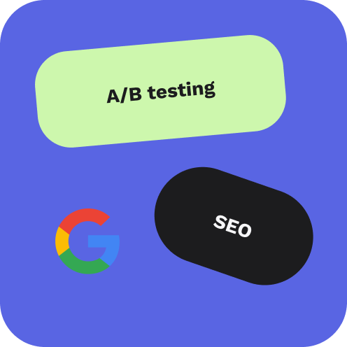 Blaue Fläche mit Google-Logo, grünem Kasten mit Text A/B testing und schwarzem Kasten mit Text SEO