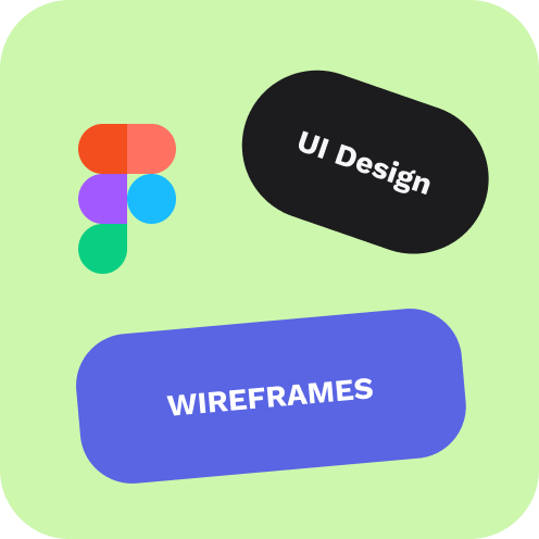 Figma-Logo neben einem schwarzen Button mit Aufschrift UI Design und einem blauen Button mit Aufschrift Wireframes vor hellem Hintergrund