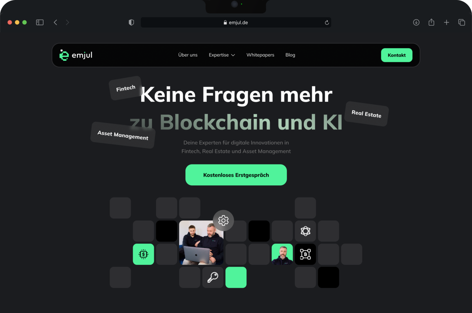Webseite von emjul mit dem Slogan Keine Fragen mehr zu Blockchain und KI und einem grünen Button Kostenloses Erstgespräch