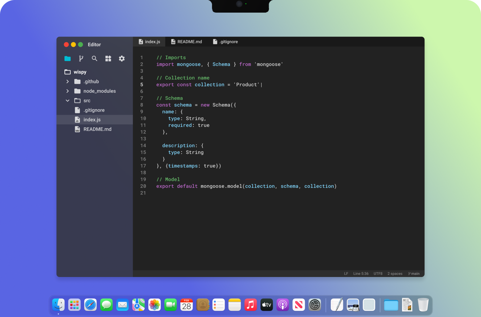 Code-Editor mit JavaScript-Code zur Definition eines Mongoose-Schemas für Produkte.