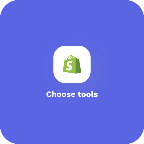 Shopify-Symbol mit dem Text "Tools auswählen" auf blauem Hintergrund