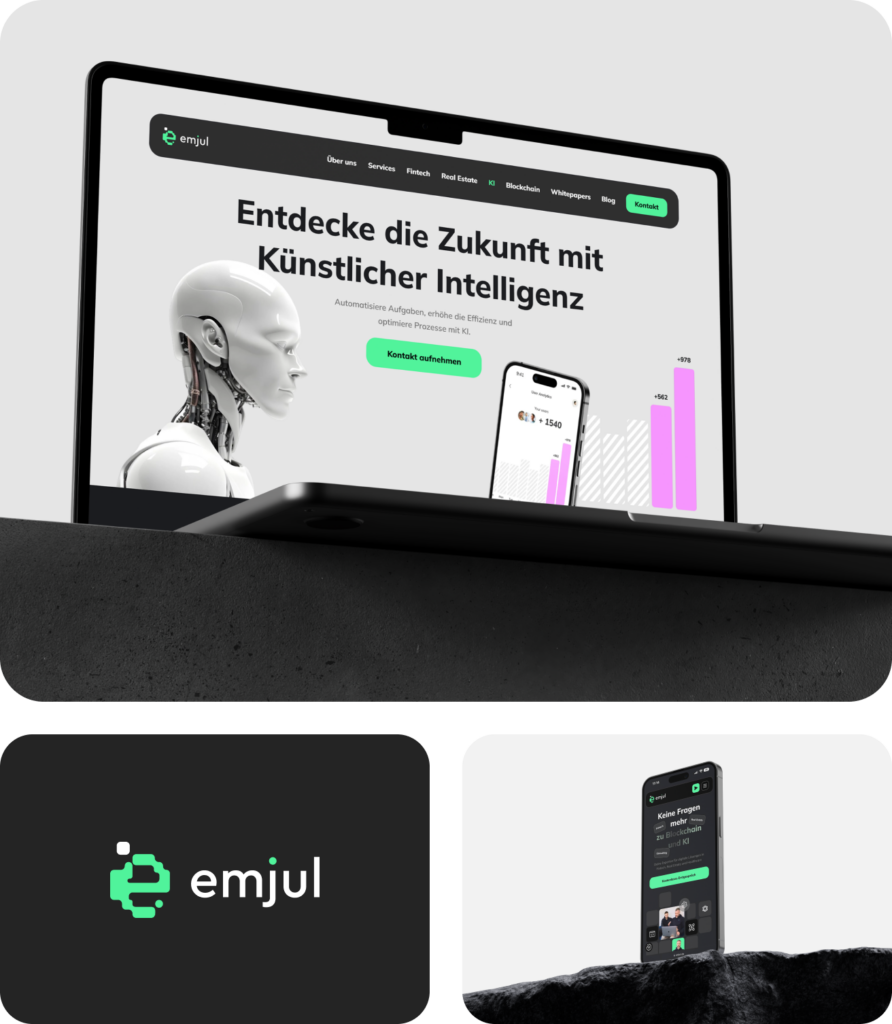 Unser Kunde: Laptop mit Webseite über Künstliche Intelligenz und Roboter, Logo von emjul und Smartphone mit Technologie-Inhalten. perfekte Design und Branding