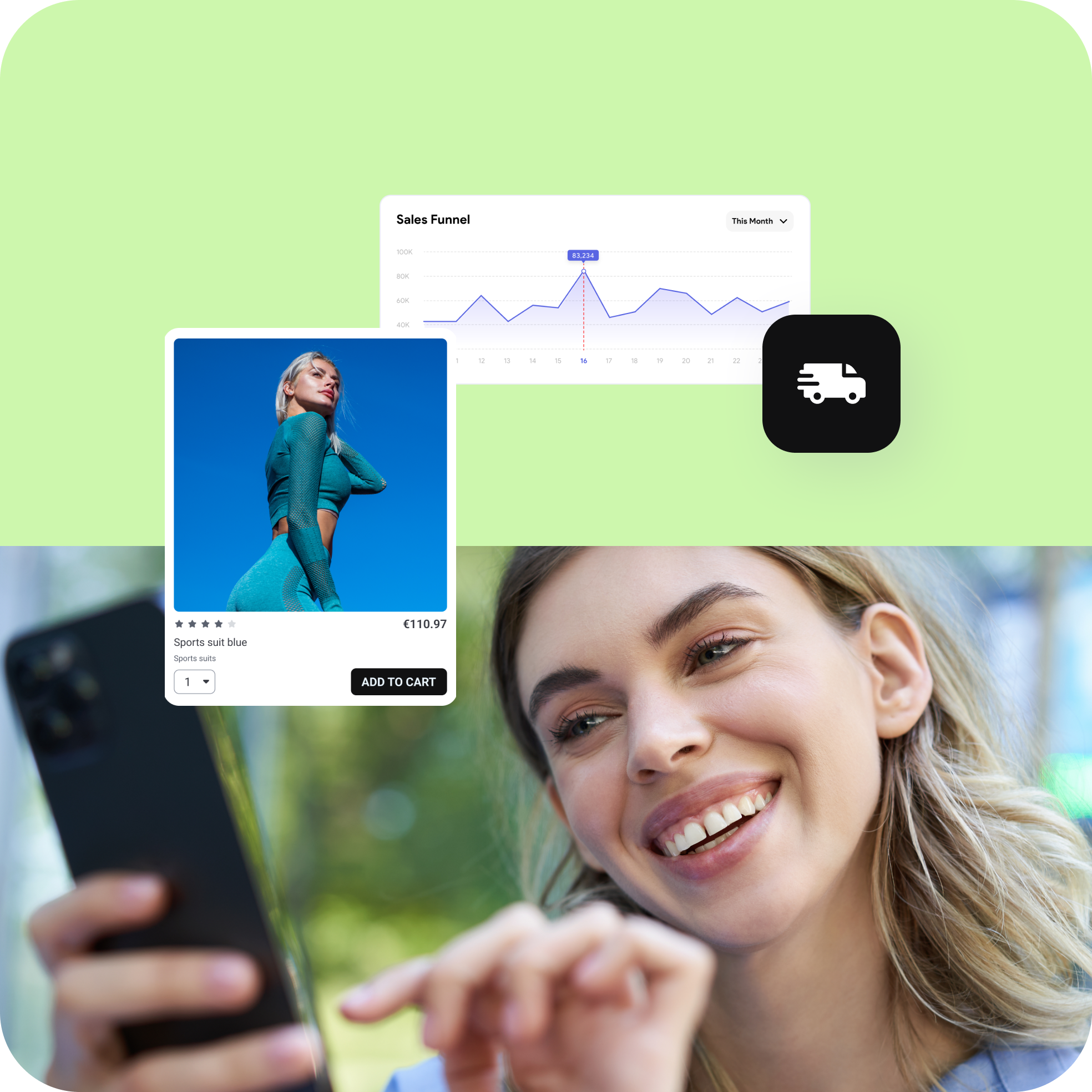 Frau lächelt und benutzt Smartphone, Einblendungen zeigen Sportanzugverkauf und Verkaufsdiagramm