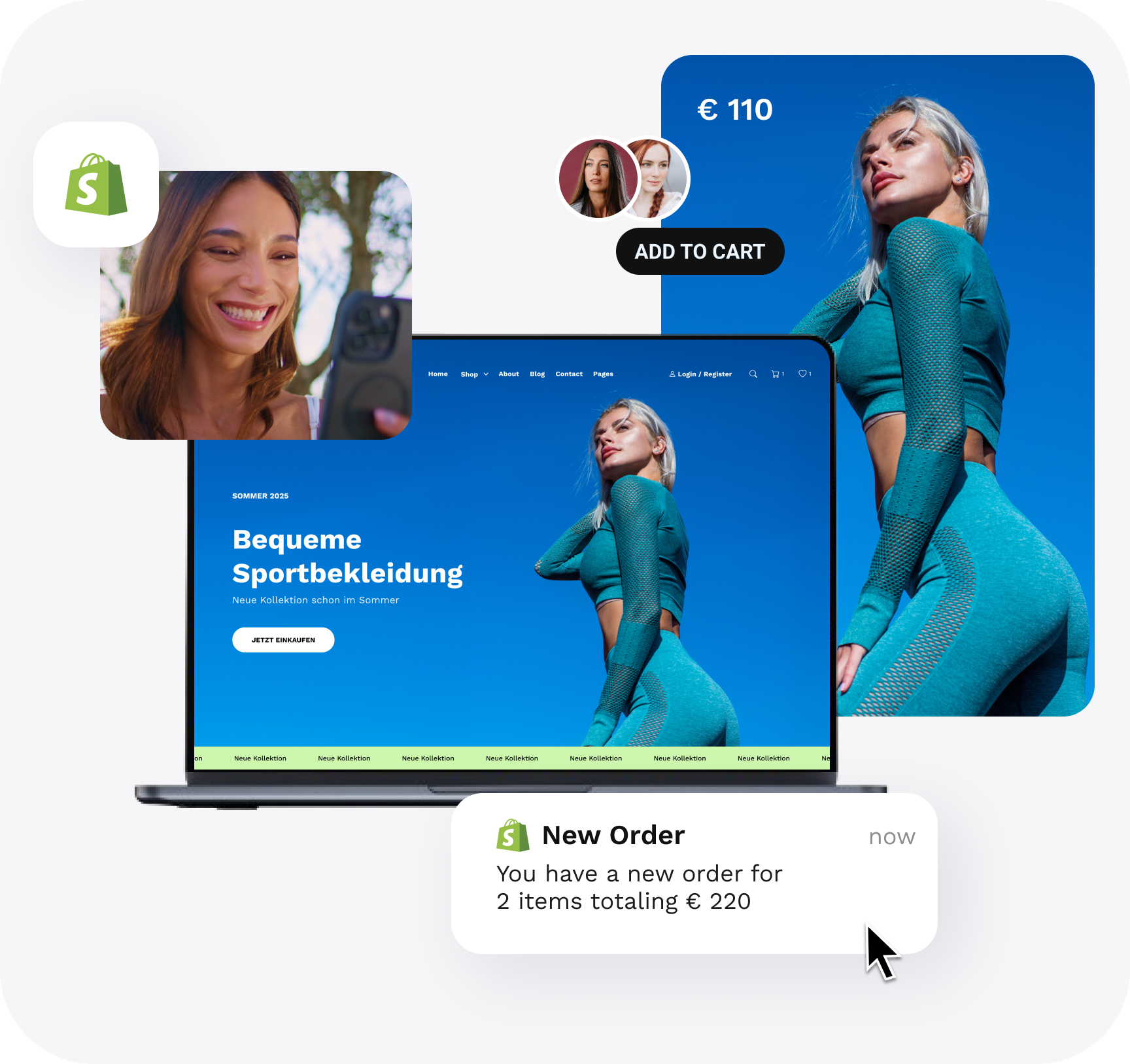 Laptop zeigt Sportbekleidung-Website, Frau in blauer Sportkleidung, Benachrichtigung über neue Bestellung