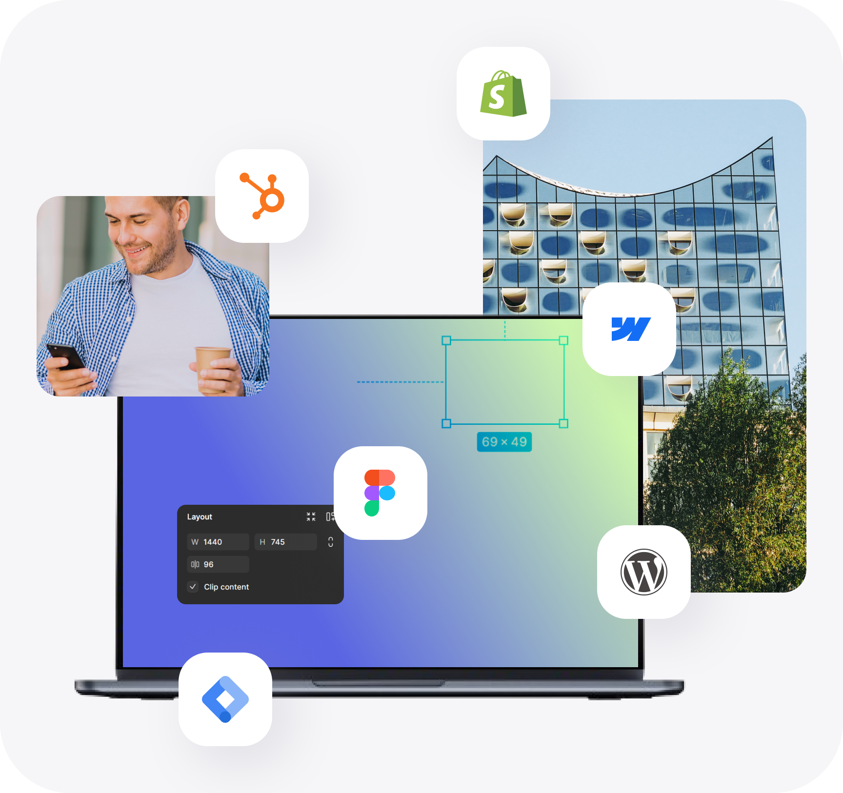 Laptop mit Bildschirm, auf dem Design-Layout und Maße zu sehen sind, umgeben von Symbolen verschiedener Software und einem Bild eines Mannes mit Smartphone und Kaffee sowie einem modernen Gebäude.
