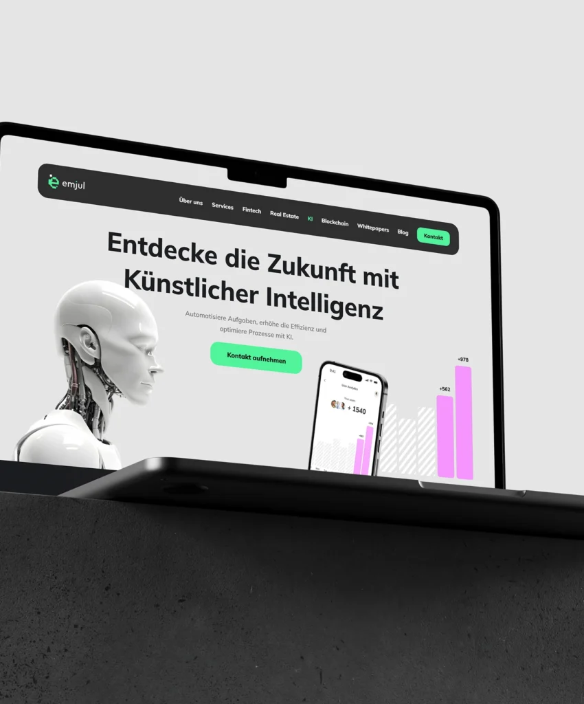 Laptopbildschirm mit Website zu Künstlicher Intelligenz und einem Roboterkopf