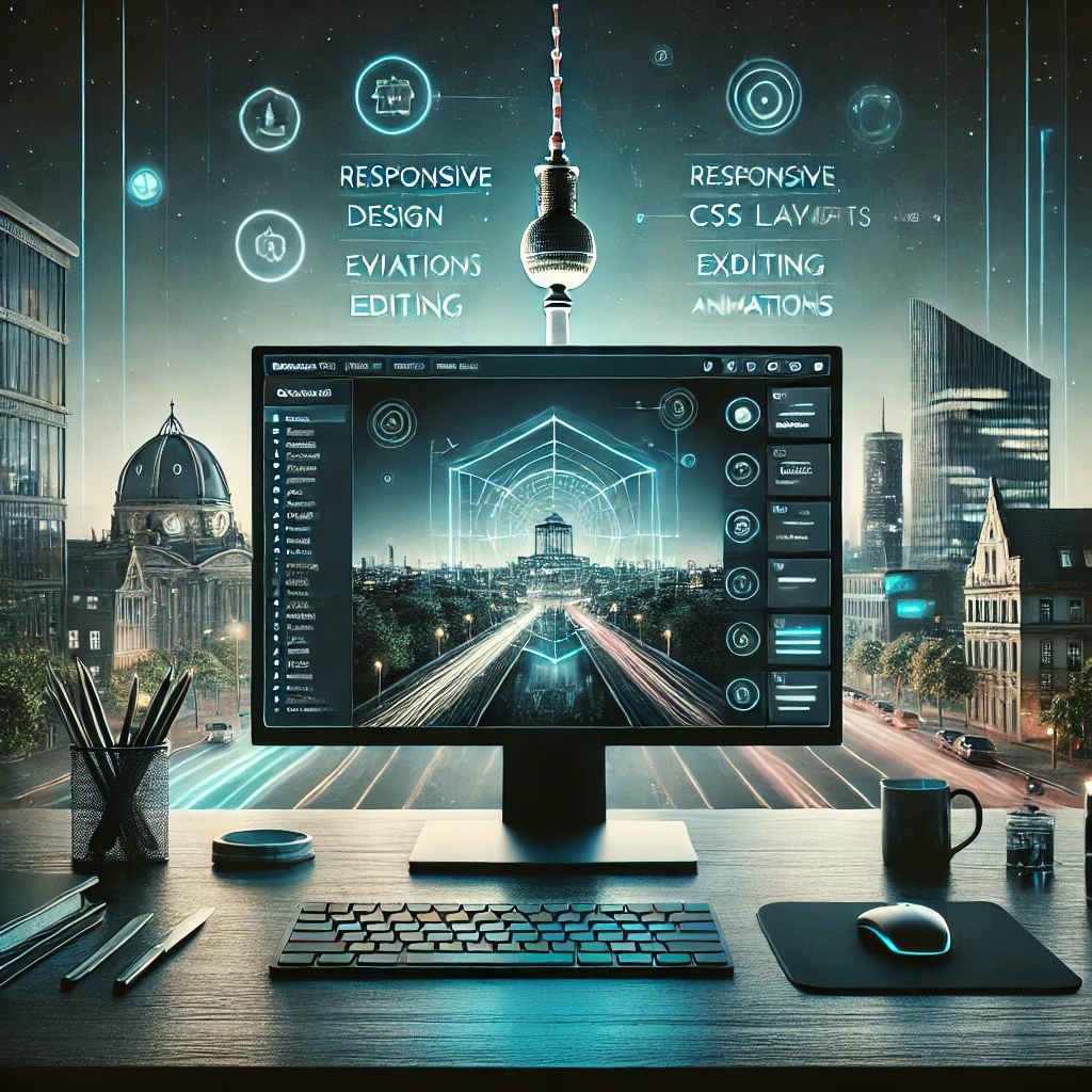 Arbeitsplatz mit Computer vor nächtlicher Stadtsilhouette und digitalen Designelementen im Vordergrund