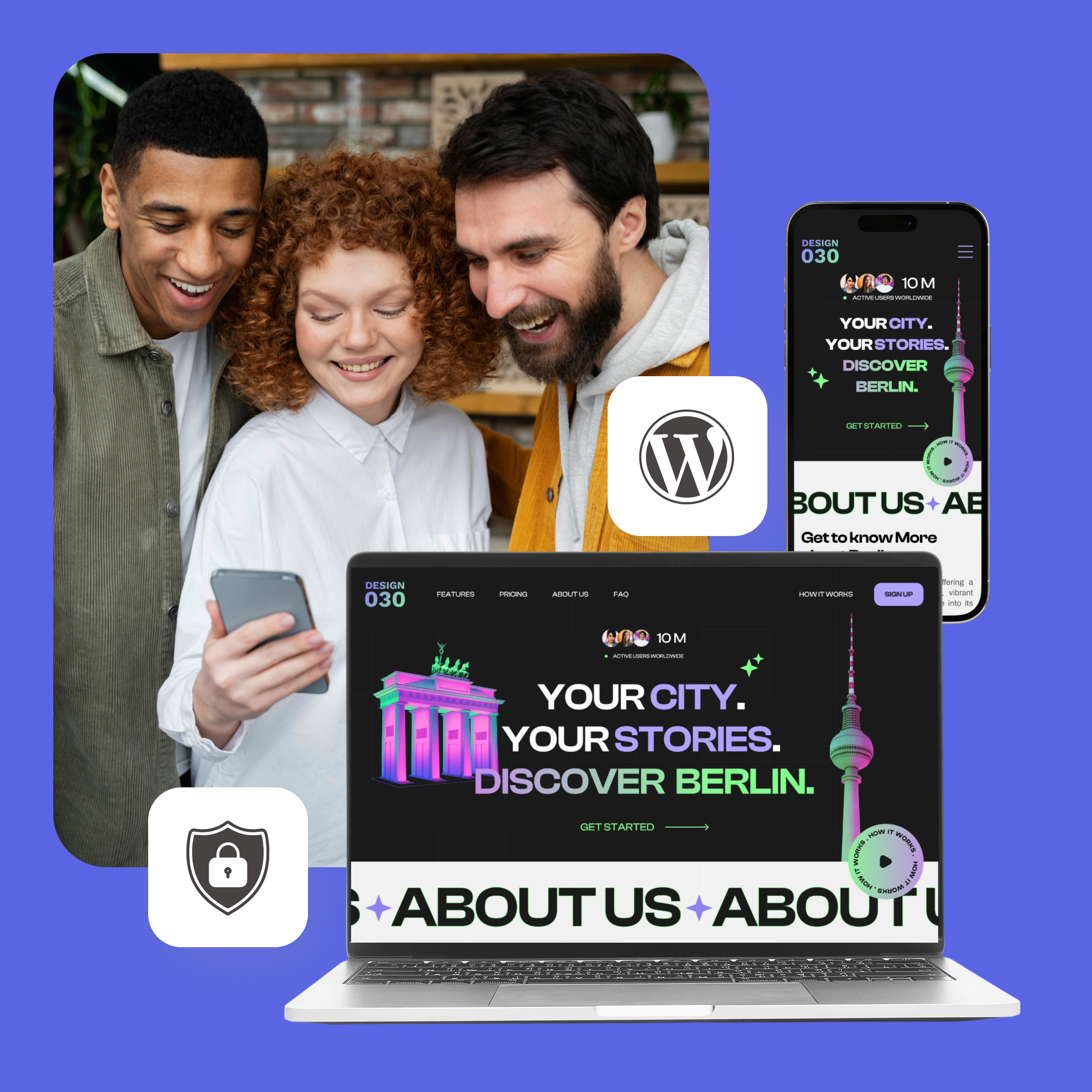 Ein Bild, dass Mitarbeiter und Designelemente einer WordPress Agentur in Berlin zeigt.