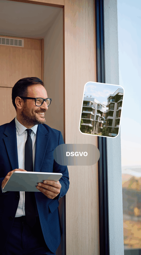 Geschäftsmann mit Brille und Tablet steht am Fenster, daneben das Wort DSGVO und ein Bild moderner Wohngebäude.