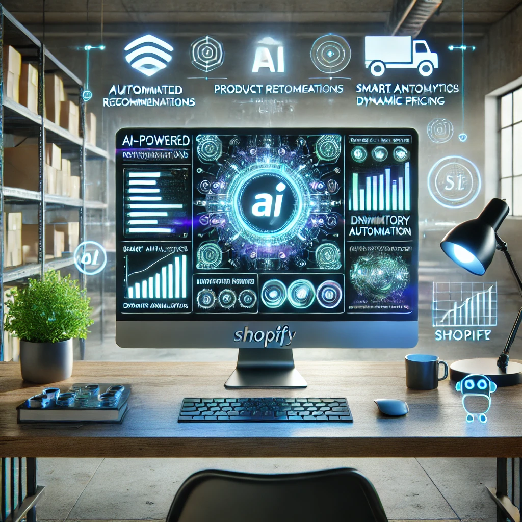 Arbeitsplatz mit Computer, der Shopify KI-gestützte Automatisierungen anzeigt.