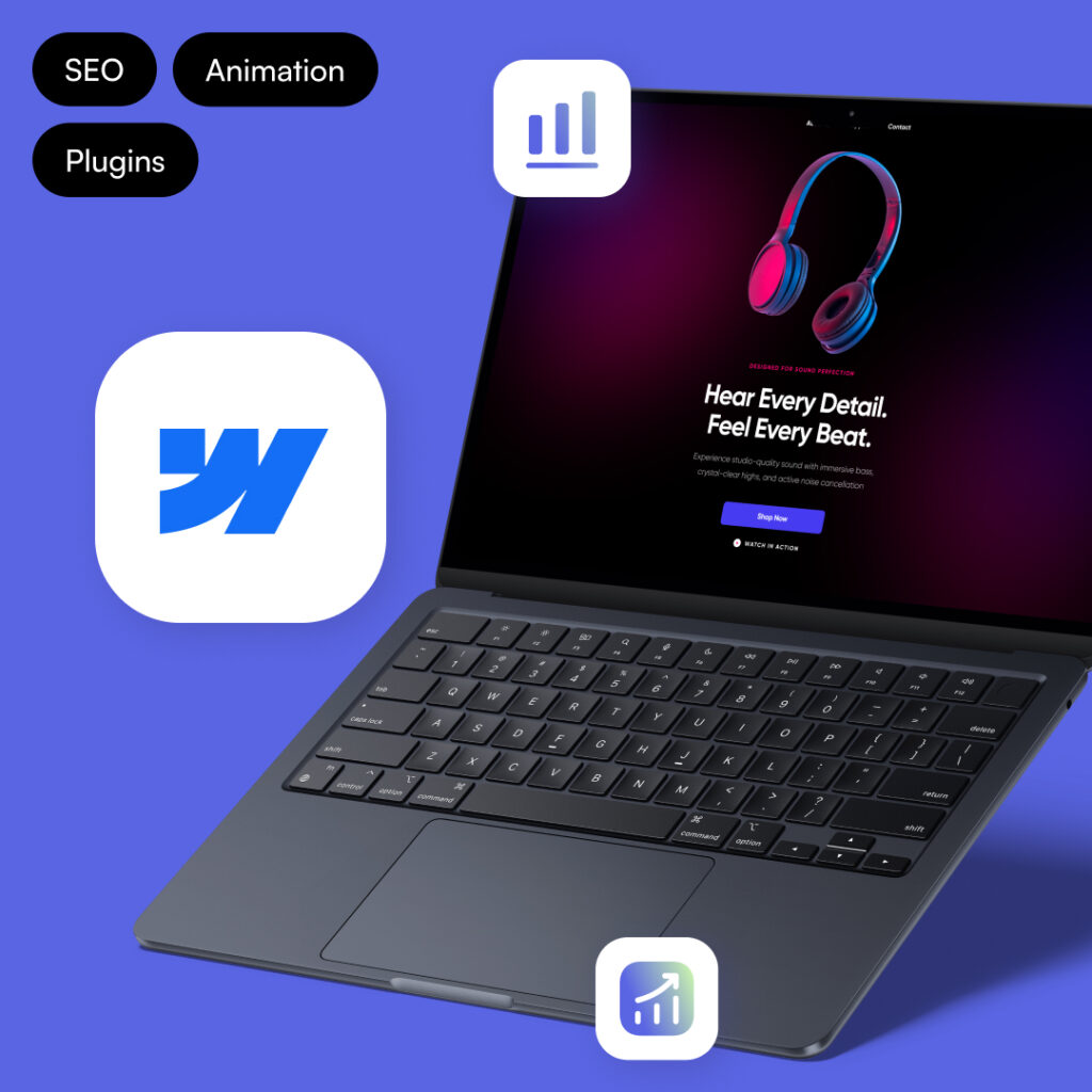 Offenes Laptop mit schwarzer Tastatur und Bildschirm, der eine Webseite mit bluetooth-kopfhörern und Text "Hear Every Detail. Feel Every Beat." zeigt, auf blauem Hintergrund mit weißen und schwarzen Symbolen zu SEO, Animation und Plugins. Webflow Agentur Berlin.