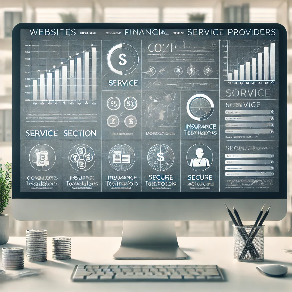 Computerbildschirm mit Finanz- und Service-Diagrammen und Symbolen auf einem Schreibtisch mit Münzstapeln und Stifthalter