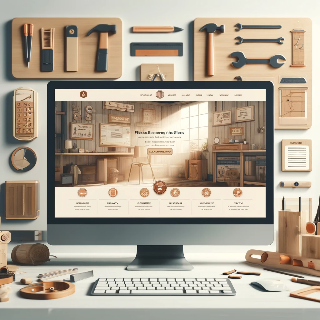 Computerbildschirm zeigt Holzwerkstatt-Webseite, umgeben von Holzwerkzeug und Arbeitsmaterialien