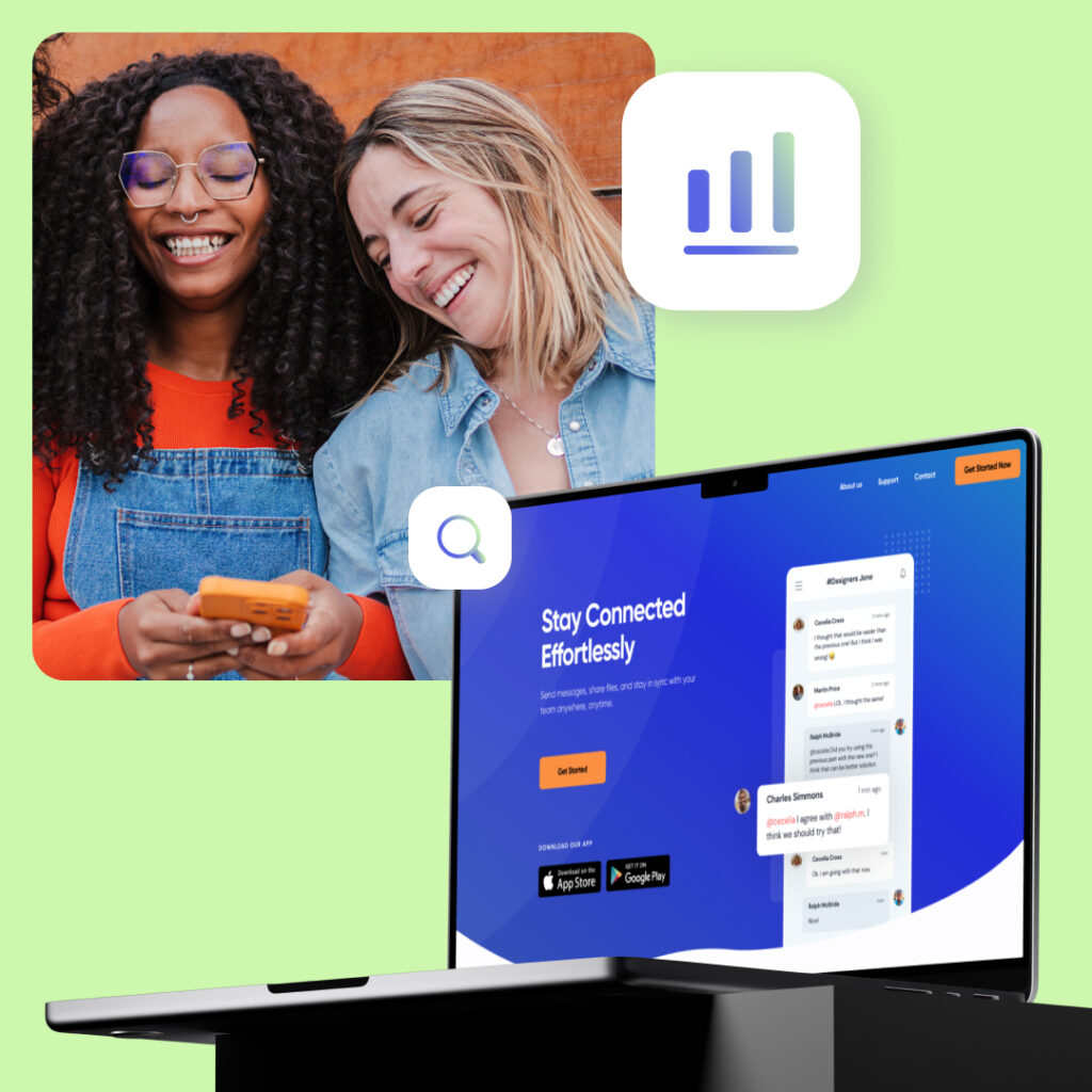 Zwei lächelnde Frauen, eine mit lockigem Haar und Brille, die andere mit glattem Haar, schauen gemeinsam auf ein Handy, daneben ein Laptop mit einer hellblauen Webseite zur Kommunikation und App-Downloads, alles vor hellgrünem Hintergrund. SEO Agentur Berlin Design030 Cover