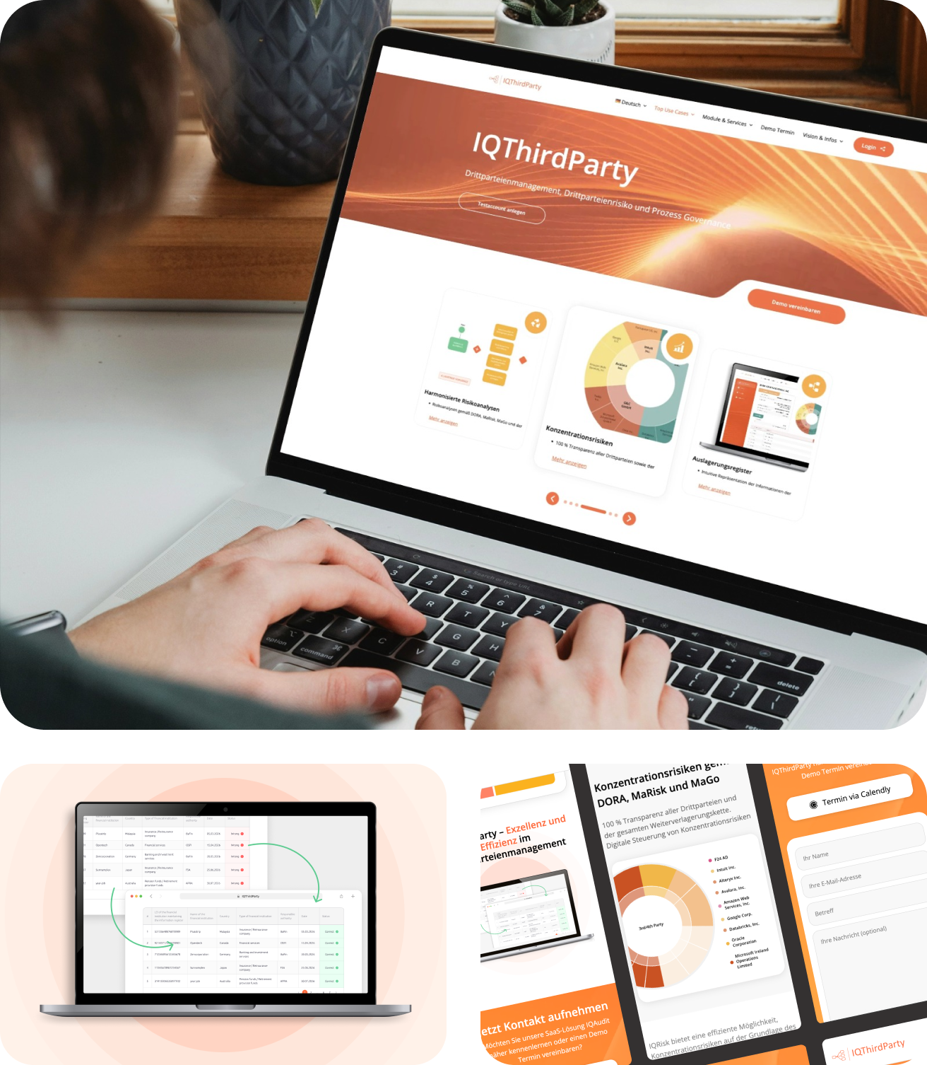 Jemand tippt auf einer aufgeklappten Laptop-Tastatur, auf dem Bildschirm ist die Webseite von IQThirdParty mit orangefarbenem Design und verschiedenen grafischen Elementen zu Drittparteienmanagement sichtbar, im Hintergrund Fensterbank mit zwei Pflanzen.