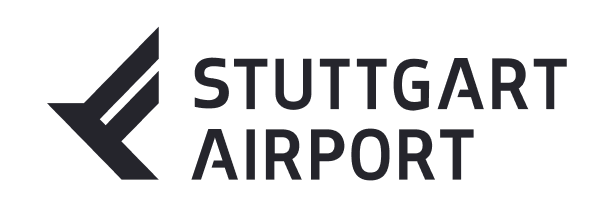 Logo eines Kunden: Logo Stuttgart Airport mit stilisiertem F symbol in schwarz und Schriftzug rechts daneben