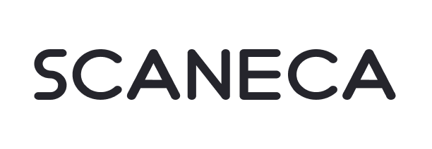 Logo eines Kunden: Logo mit dem Schriftzug Scaneca in klarer, moderner schwarzer Schrift auf weißem Hintergrund.