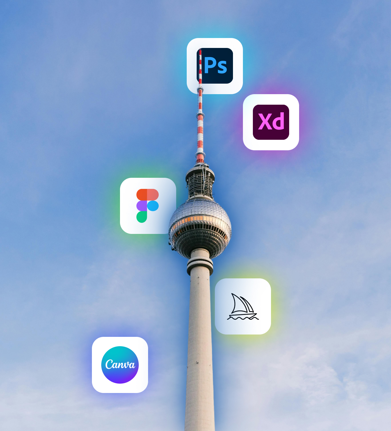 Design Agentur Berlin Tools: Berliner Fernsehturm mit eingeblendeten Icons von Design- und Grafikprogrammen wie Photoshop, Figma, Adobe XD, Canva und einem Segelboot-Symbol. Agentur in Berlin