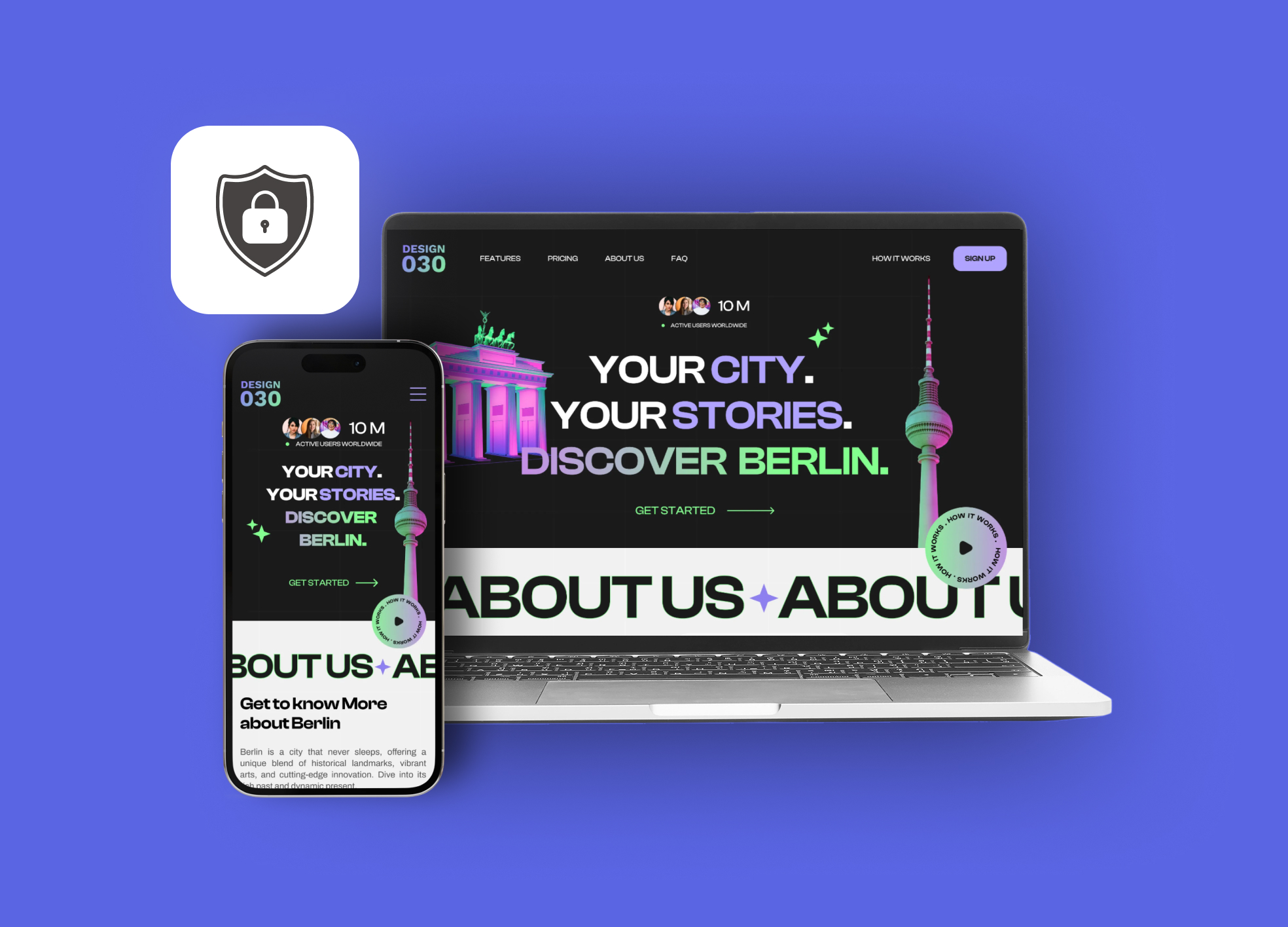 Design Agentur Berlin: Website-Darstellung mit Berlin-Motiven auf Smartphone und Laptop vor blauem Hintergrund, dazu ein Icon mit Schild und Schloss. Webflow, Shopify, WordPress, Design, WebDesign Agentur Berlin
